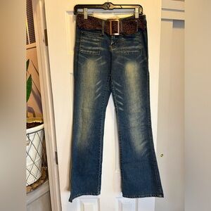 Duchesse Distressed Denim Jeans Lace Belt Y2K BOHO Cowgirl Western Rodeo